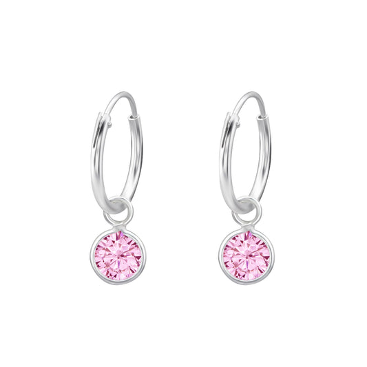 Melchior Jewellery sterling silver round hoop earrings for girls with pink crystal charm