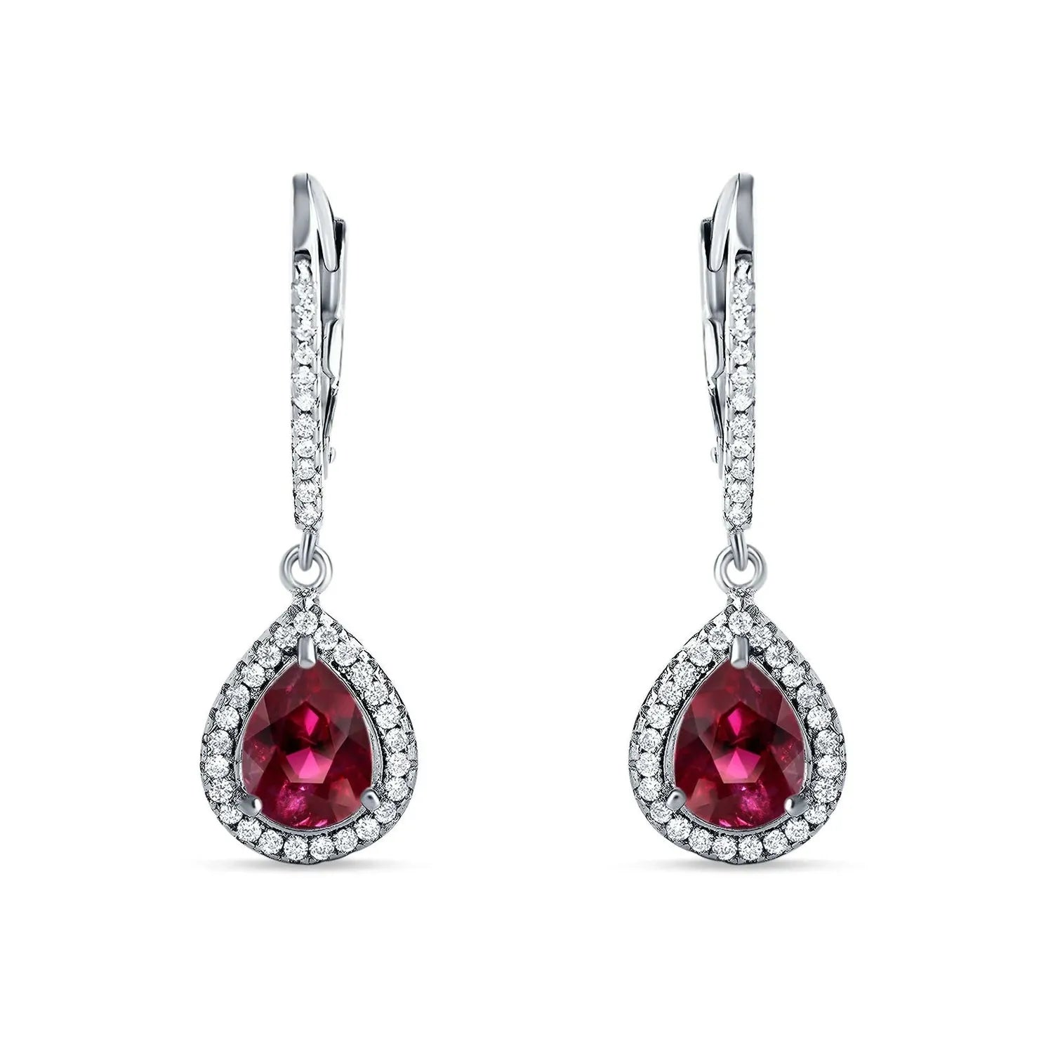 Melchior Jewellery sterling silver ruby drop earrings with teardrop ruby and surrounding clear stones