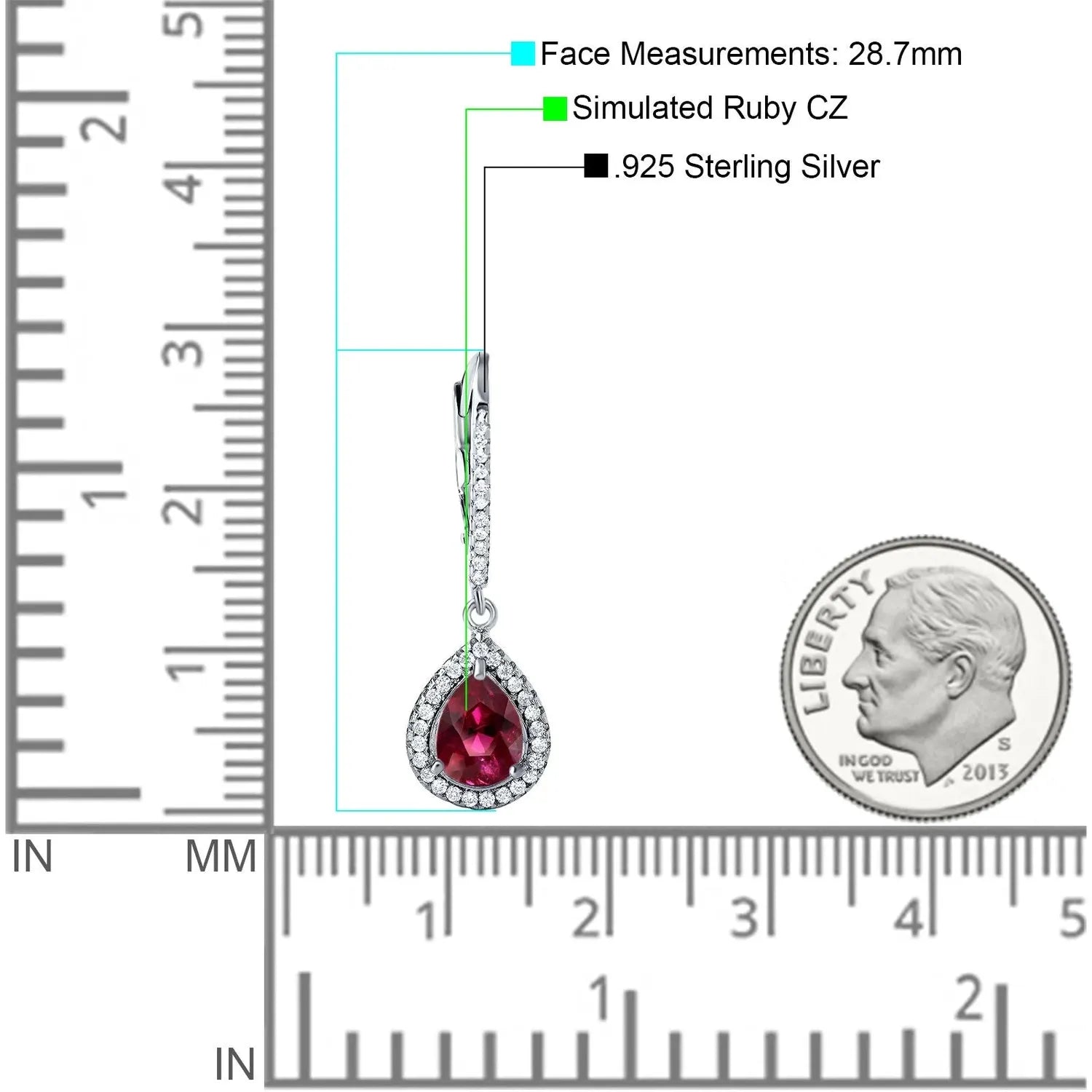 Sterling silver ruby drop earrings by Melchior Jewellery with simulated ruby CZ and precise measurements