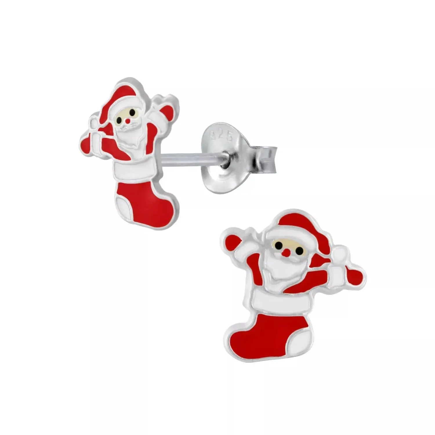 Sterling silver santa stud earrings for children featuring red and white enamel Santa design with black eyes and a smiling face