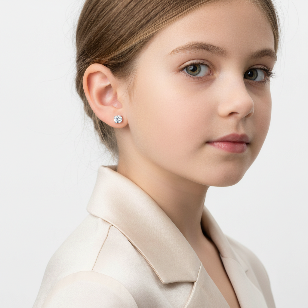 Child wearing sterling silver screw back earrings for children from In Season Jewellery