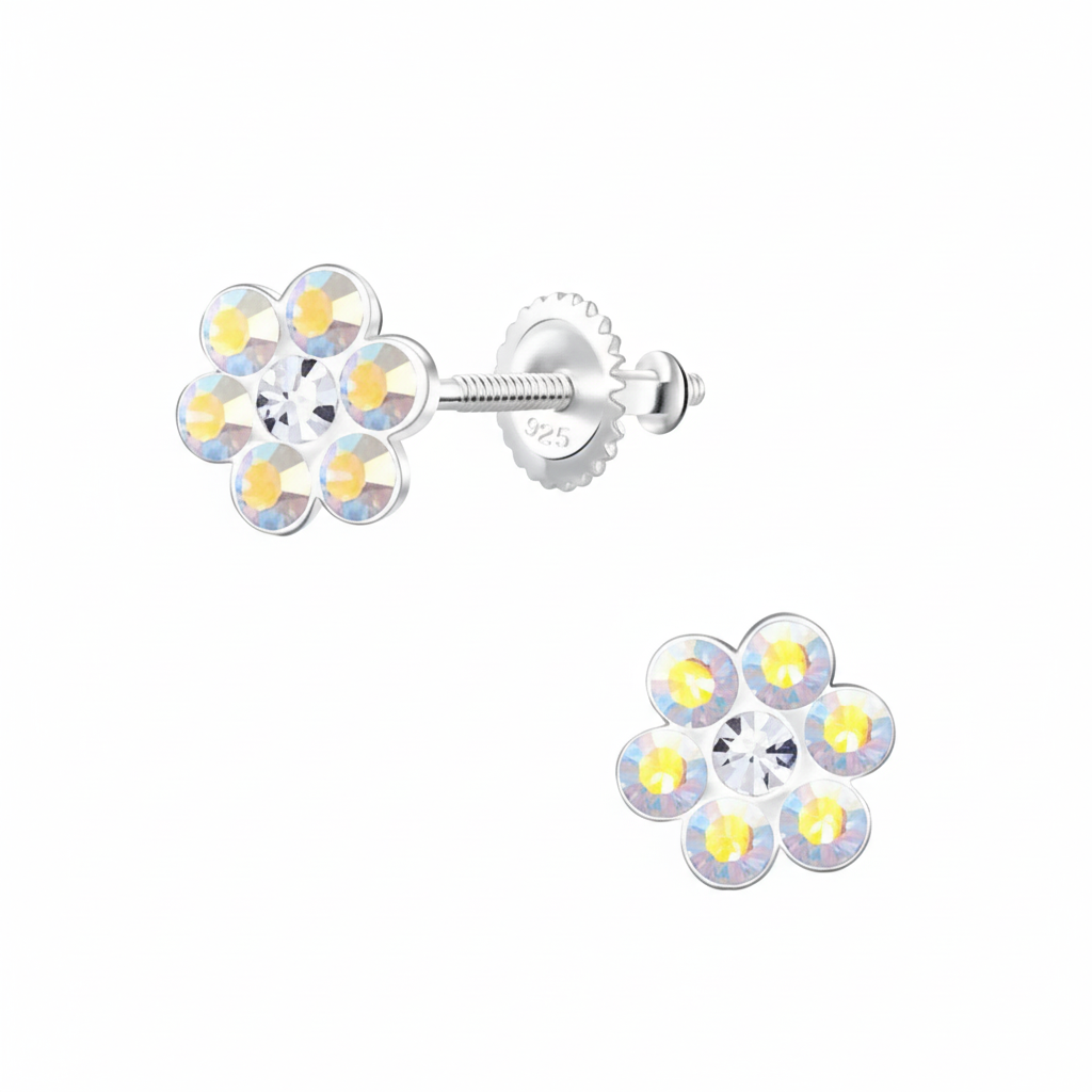 Melchior Jewellery sterling silver screw back earrings for girls with flower-shaped crystals