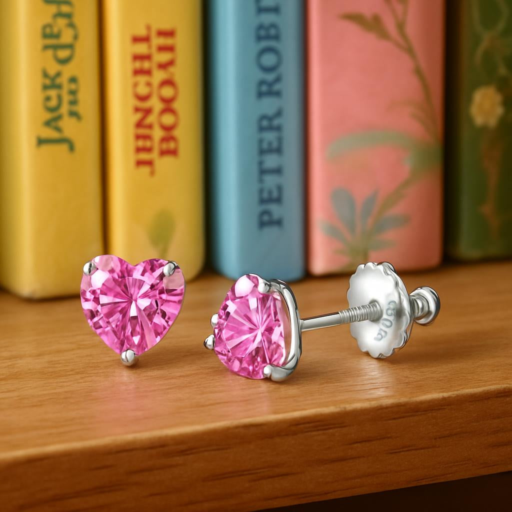 Melchior Jewellery sterling silver screw back earrings for kids with pink heart-shaped stones