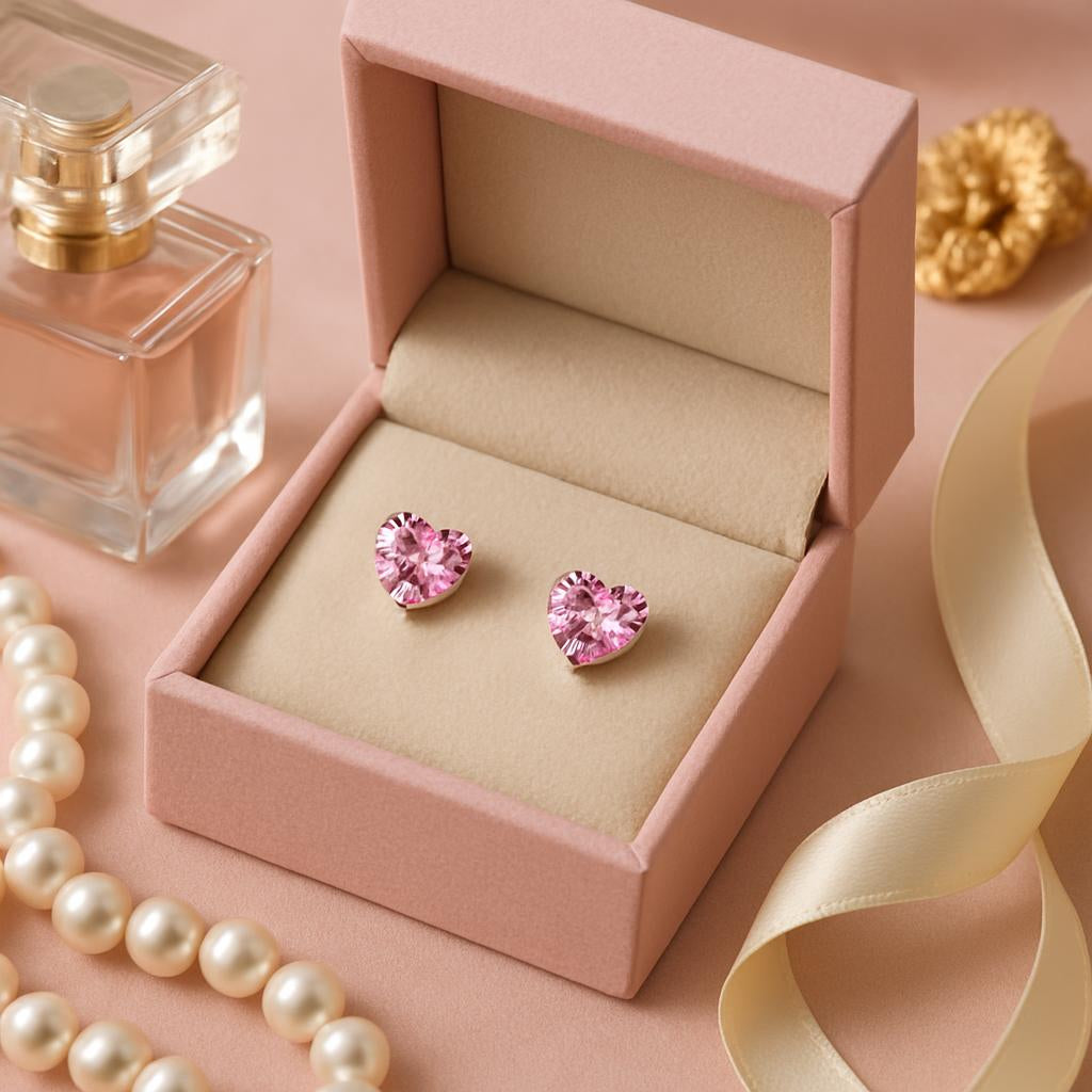 Melchior Jewellery sterling silver screw back earrings for kids with pink heart-shaped stones in a pink gift box