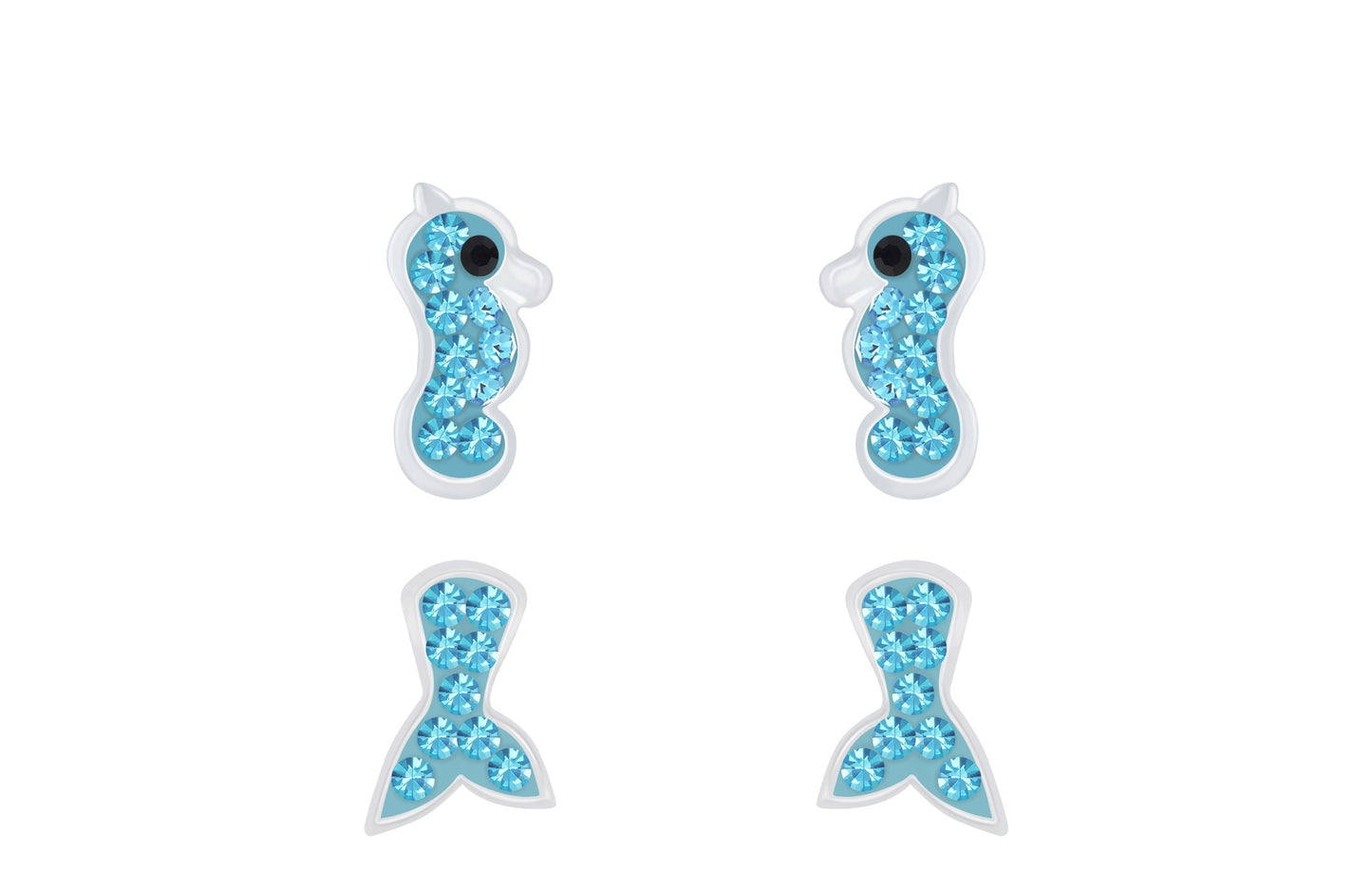 Sterling silver sea life earrings for children shaped like seahorses and fish tails with blue crystals