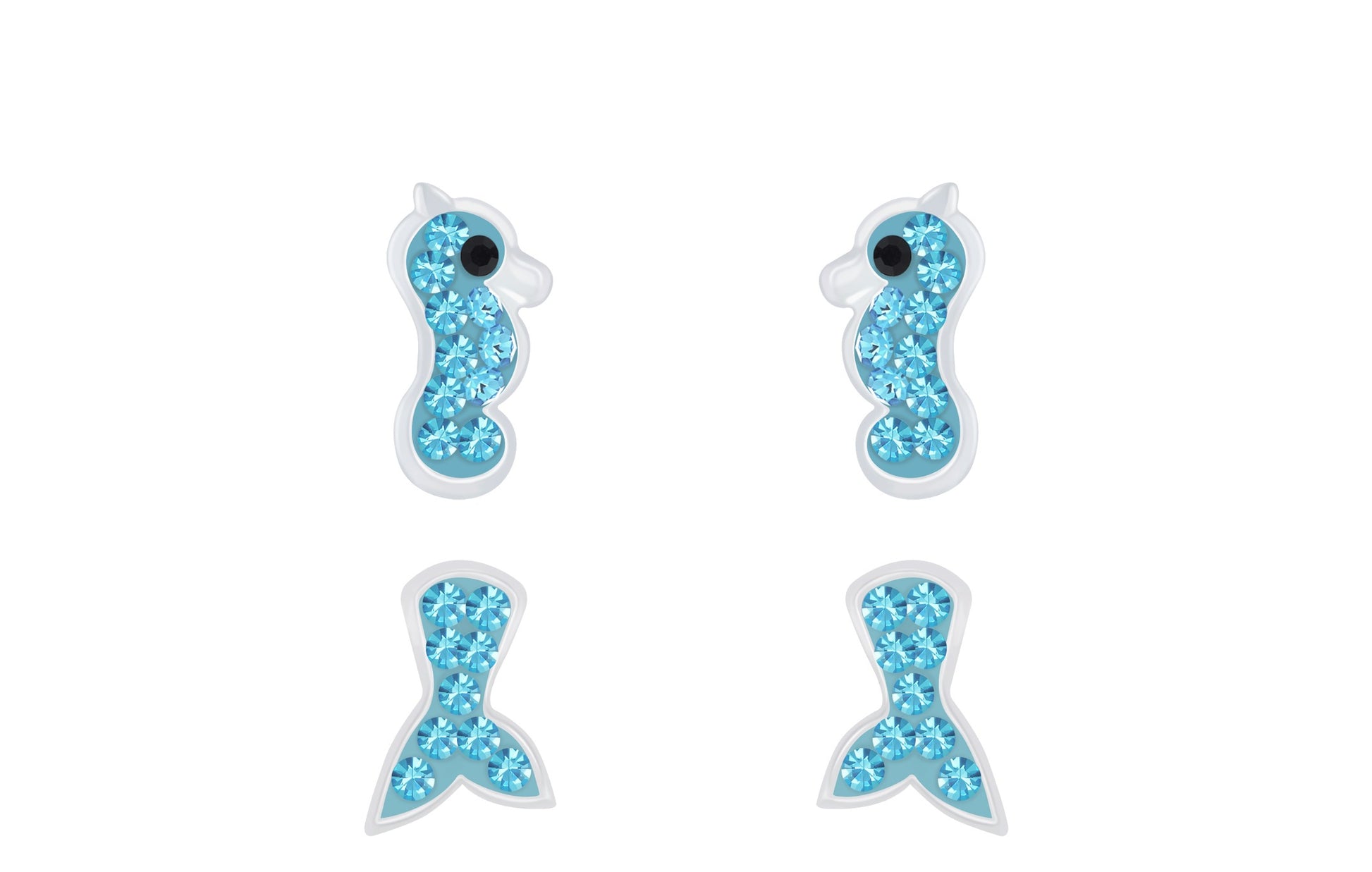 Sterling silver sea life earrings for children shaped like seahorses and fish tails with blue crystals