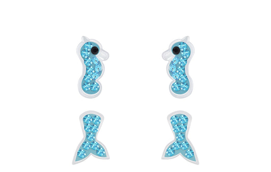 Sterling silver sea life earrings for children shaped like seahorses and fish tails with blue crystals