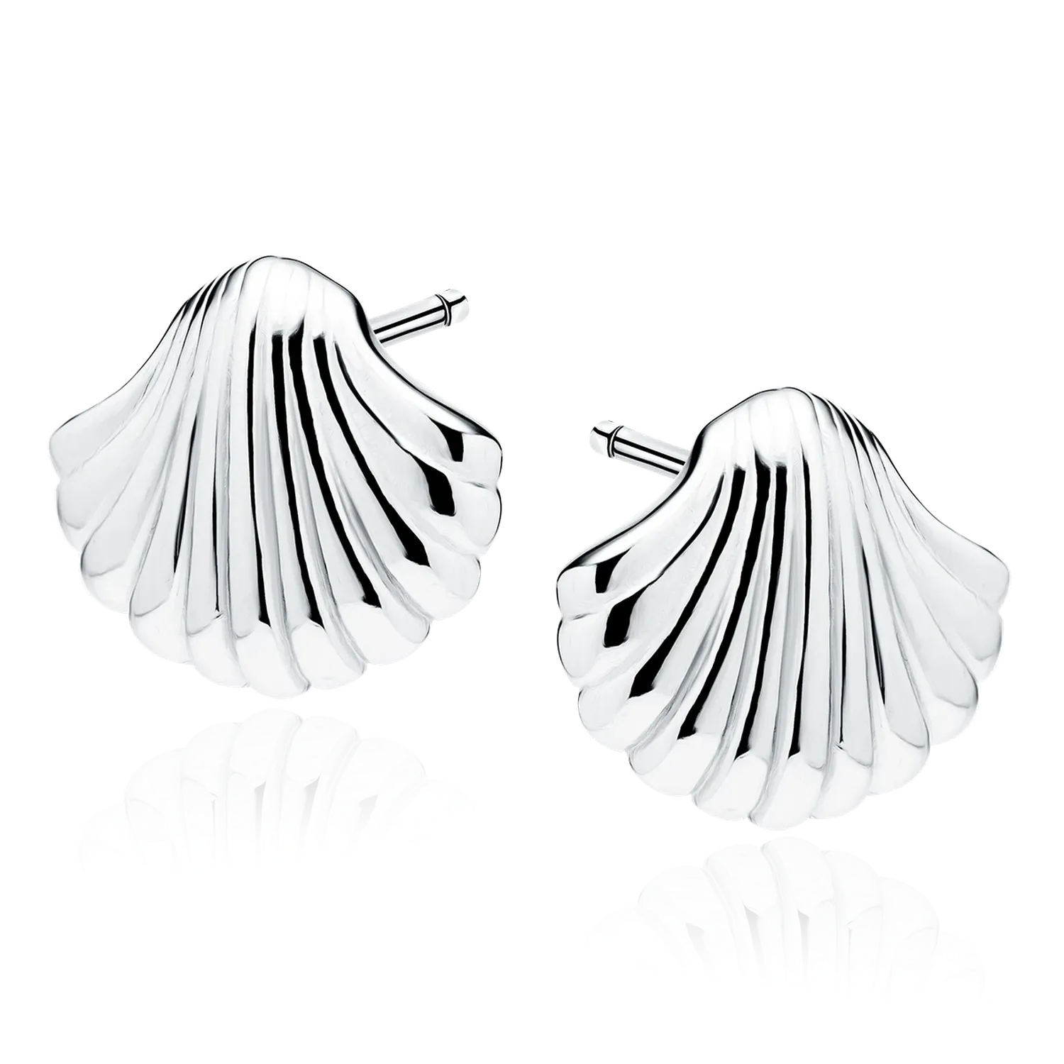 Melchior Jewellery sterling silver shell stud earrings with a polished shiny finish and detailed ridges