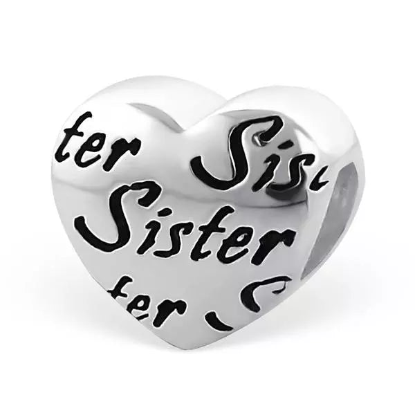 Sterling silver sister charm heart bead with engraved sister text by Melchior Jewellery