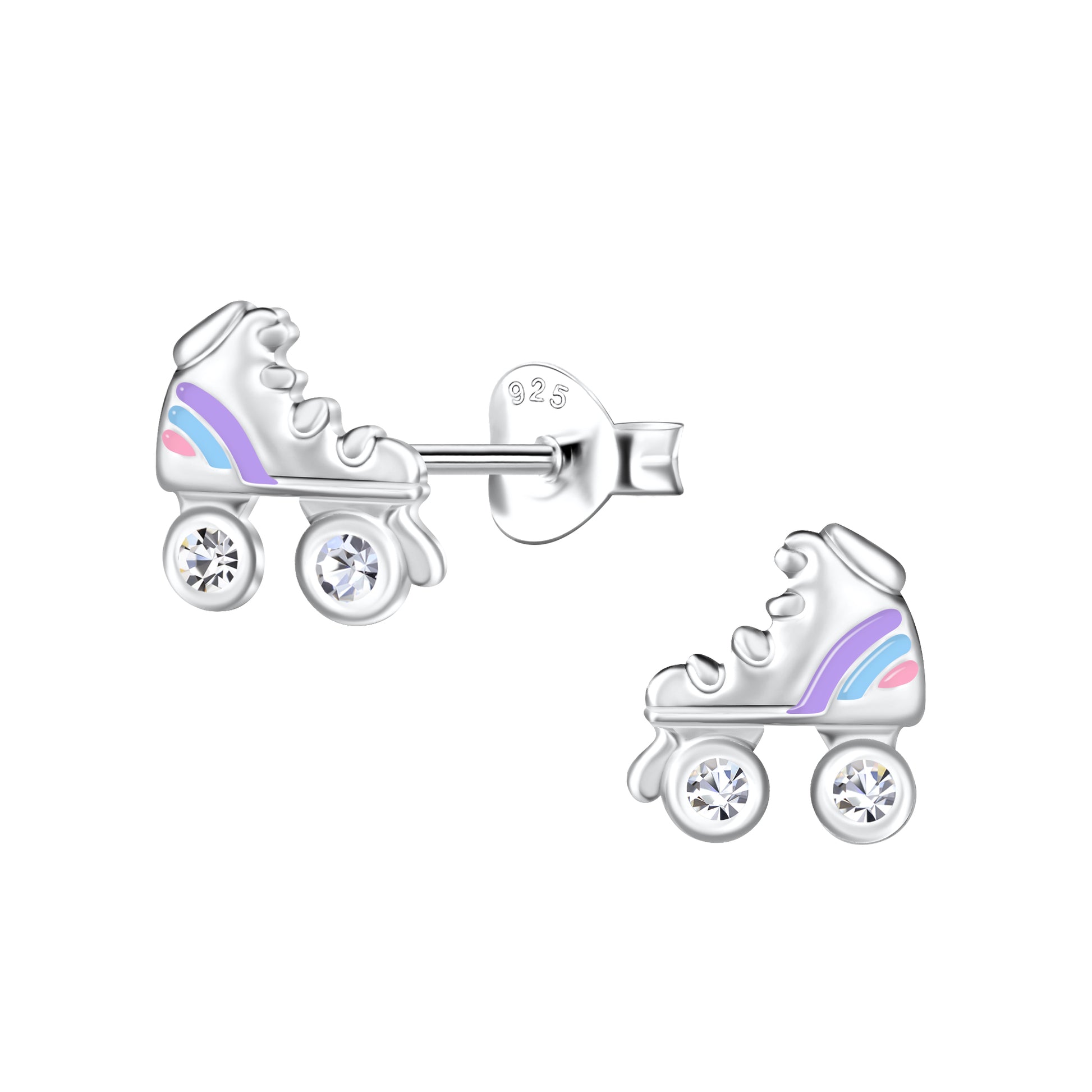 Melchior Jewellery sterling silver skate stud earrings for children with purple and pink detail