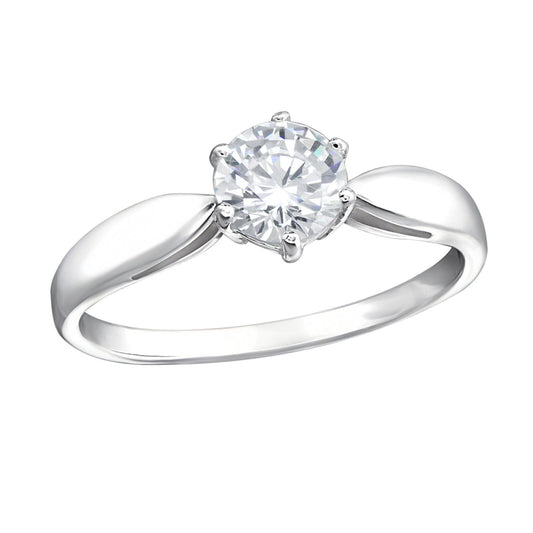 Melchior Jewellery sterling silver solitaire engagement ring with round brilliant clear stone and polished tapered band
