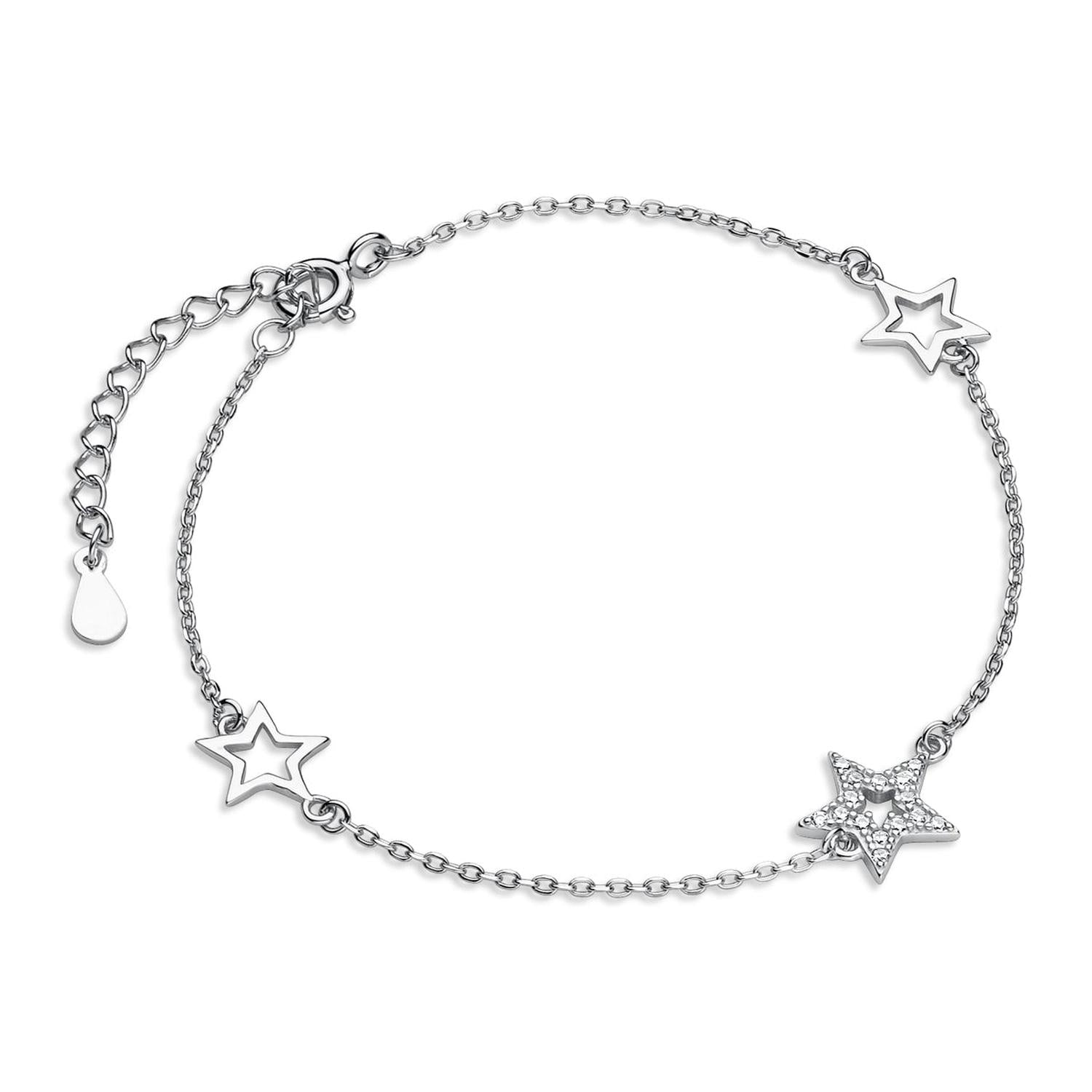 Delicate sterling silver star bracelet by Melchior Jewellery featuring three stars with one adorned in sparkling crystals