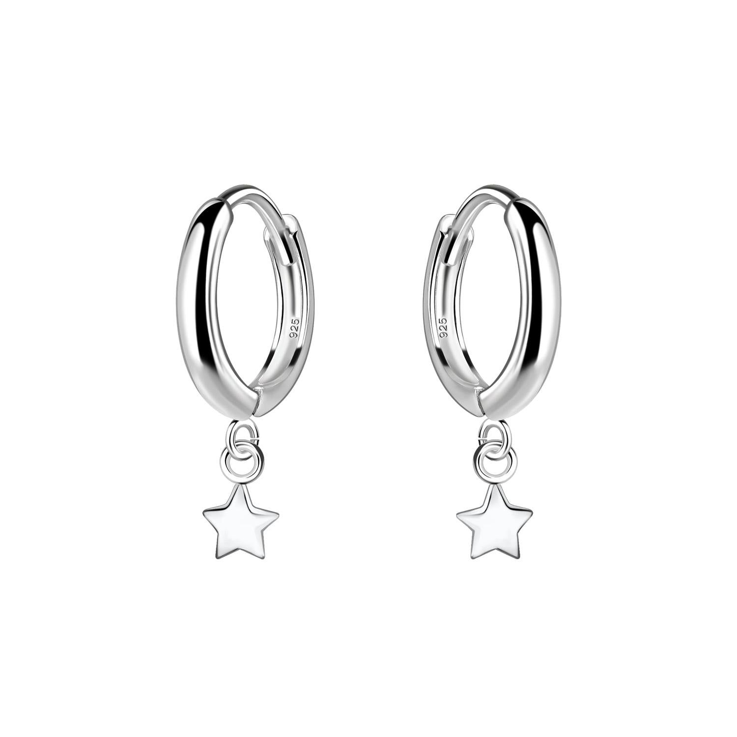 Sterling silver star earrings with small star charms on smooth hoop earrings for women
