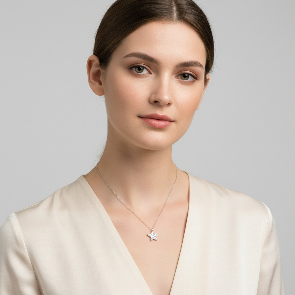 Melchior Jewellery sterling silver star necklace worn by woman with beige top