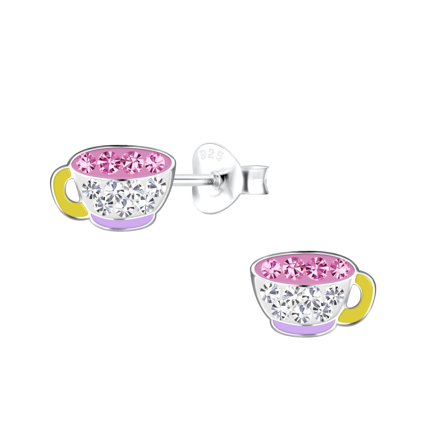 Melchior Jewellery Sterling Silver Tea Cup Earrings with pink and clear crystals and yellow enamel handles