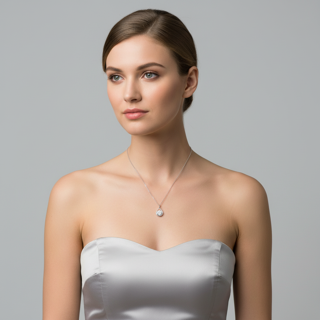 Melchior Jewellery sterling silver teardrop pendant necklace worn by woman in white strapless dress