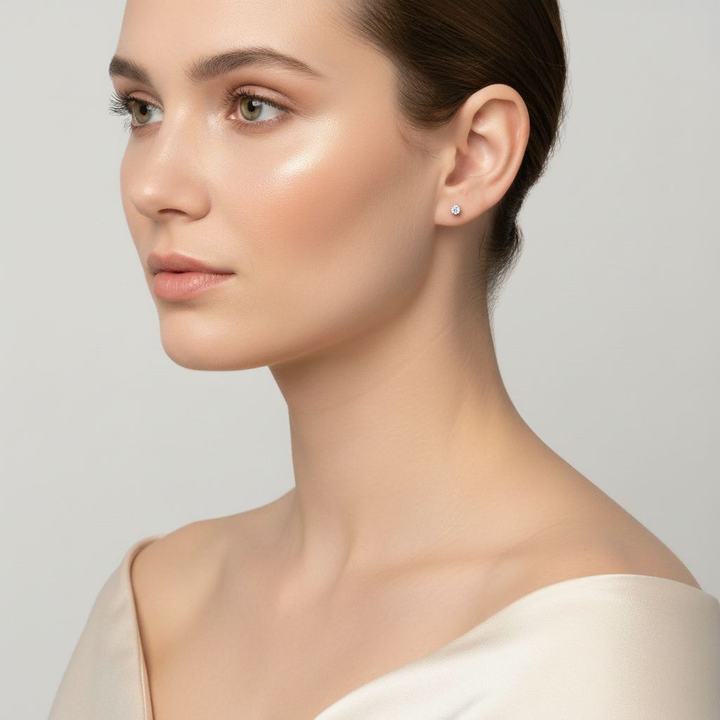 Elegant woman wearing Melchior Jewellery sterling silver tiny stud earrings in a close-up profile view