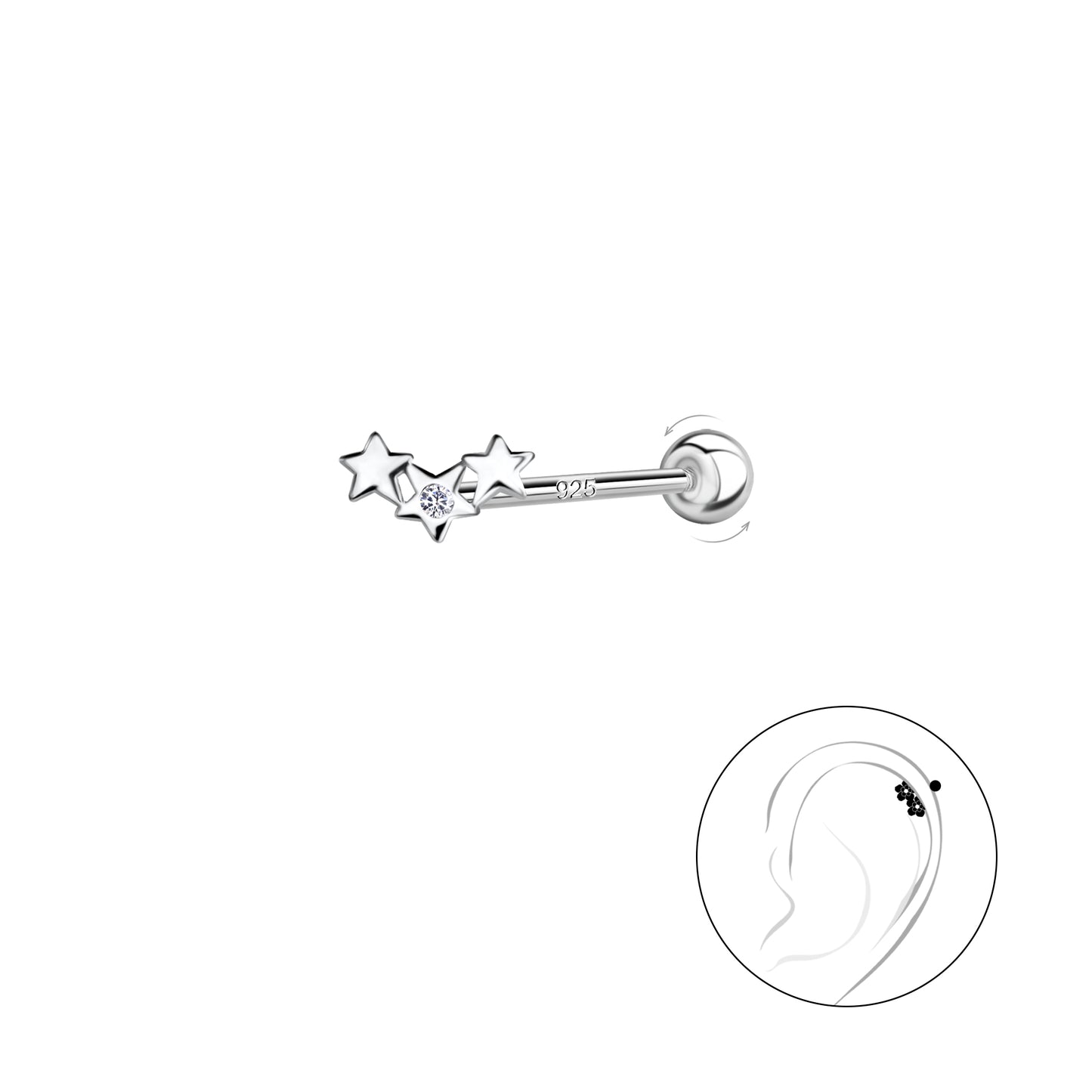 Melchior Jewellery sterling silver triple star cartilage stud with clear gem detail for ear piercing