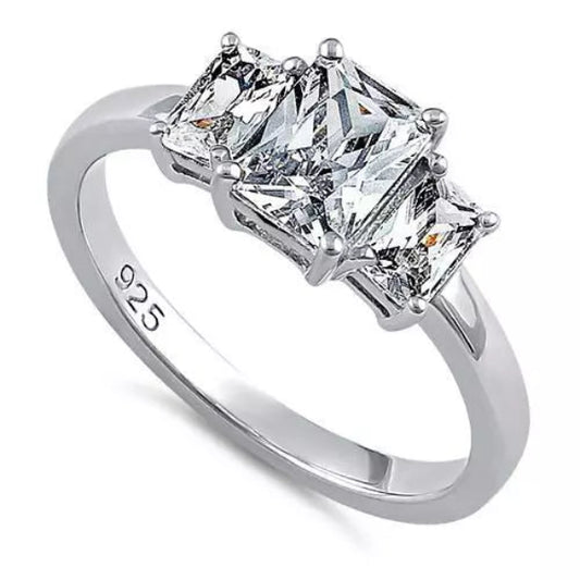 Melchior Jewellery sterling silver triple stone engagement ring with clear square-cut stones