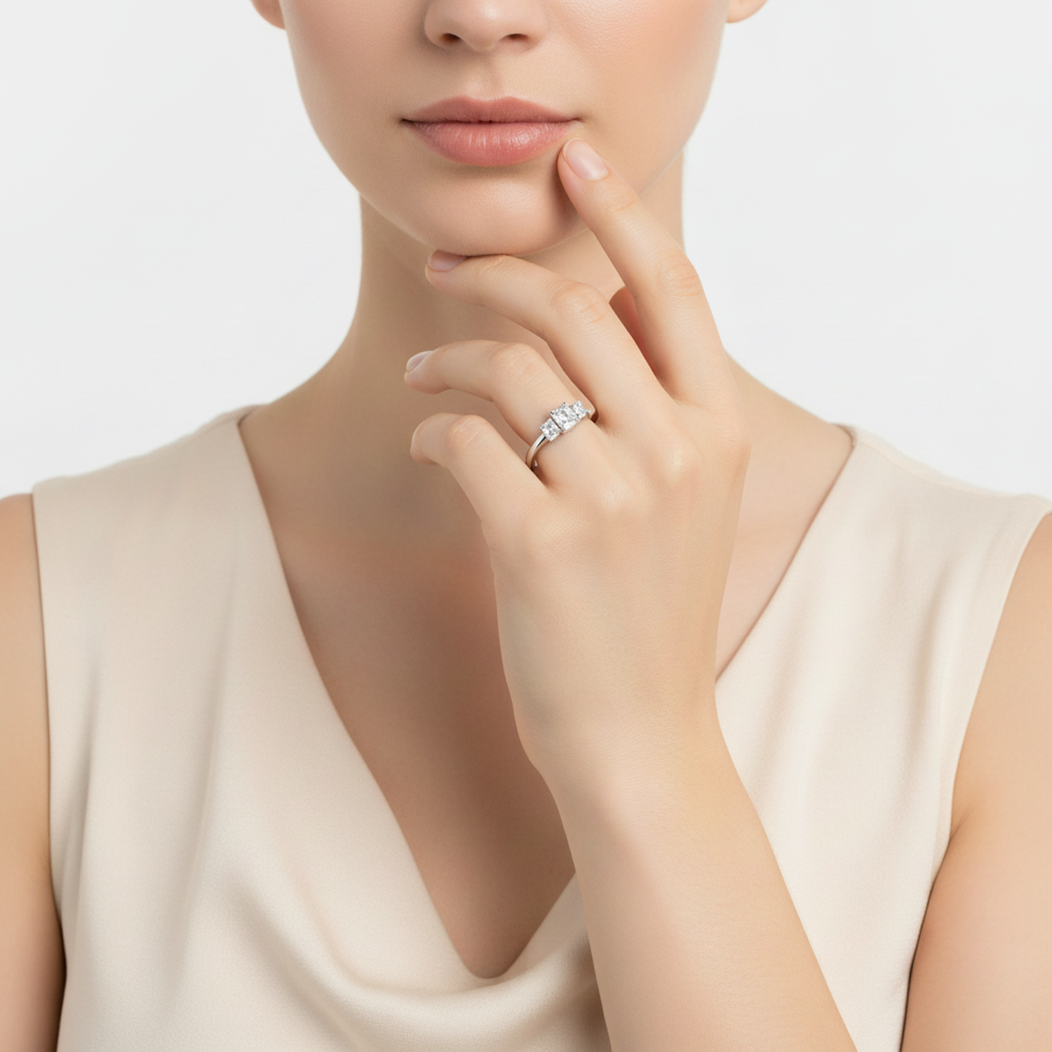 Sterling silver triple stone engagement ring on womans hand from Melchior Jewellery