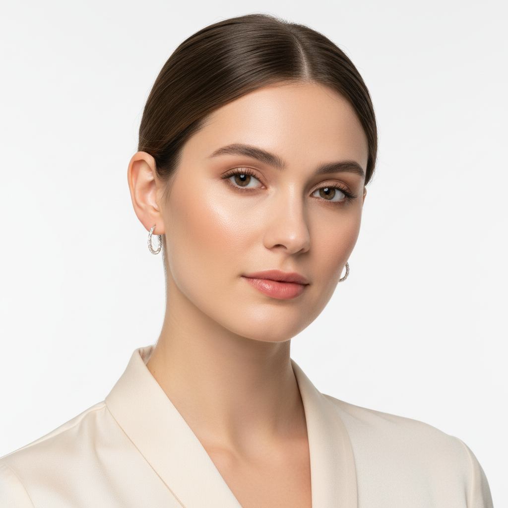 Melchior Jewellery sterling silver twist hoop earrings worn by woman with beige blazer