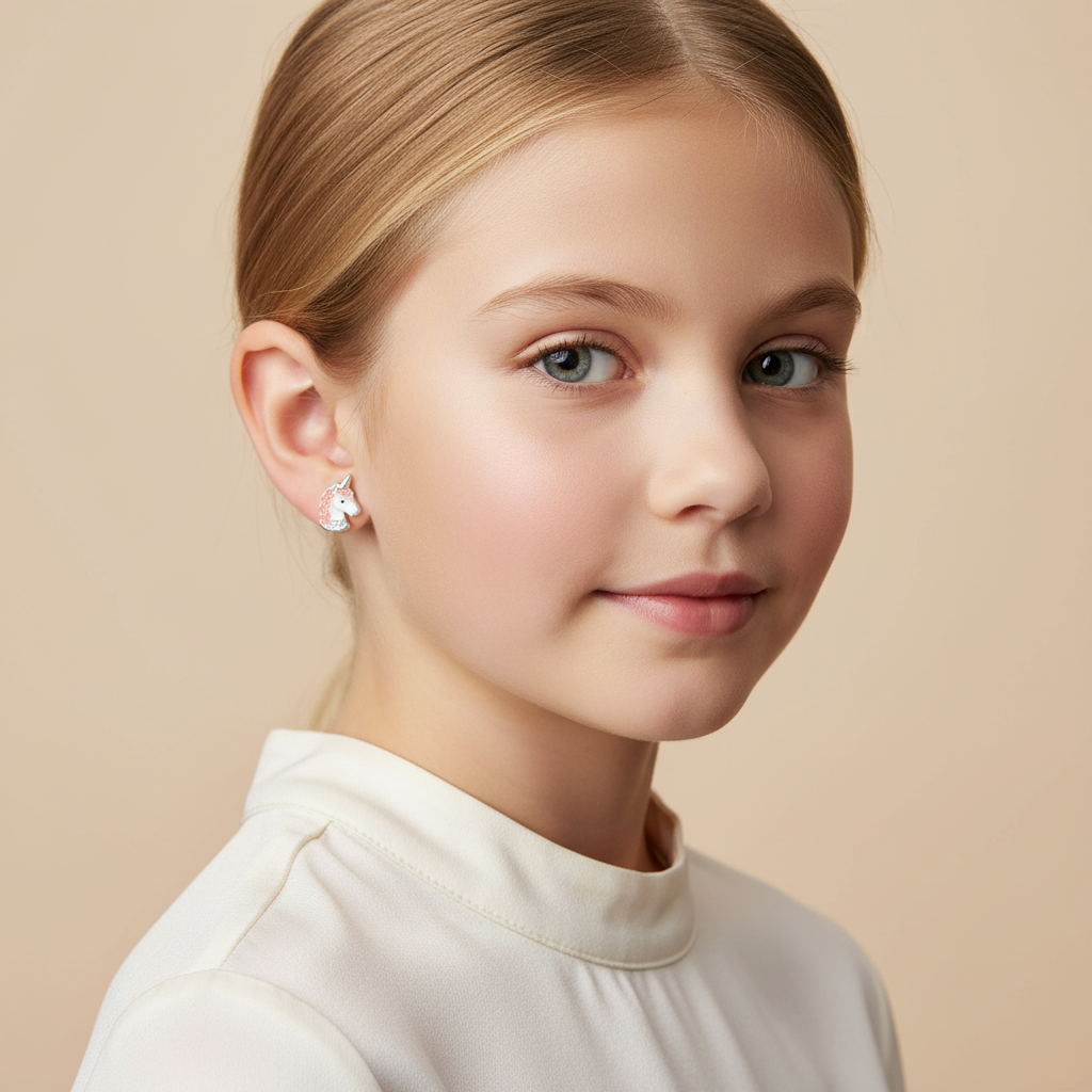 Young girl wearing sterling silver unicorn earrings for girls from Melchior Jewellery in a close-up portrait