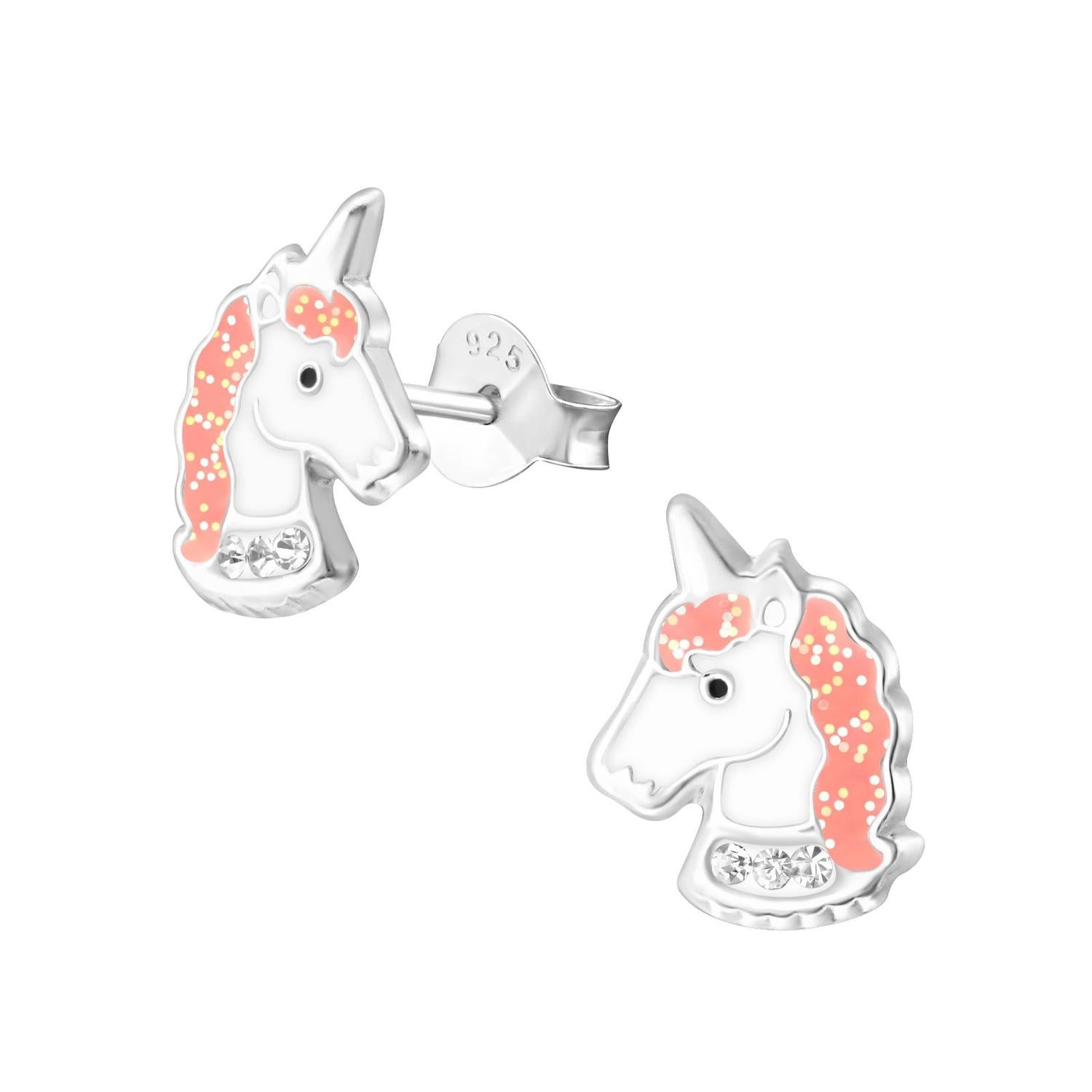Melchior Jewellery sterling silver unicorn earrings for girls with pink mane and crystal details