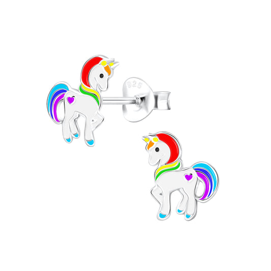 Sterling silver unicorn earrings for kids with colourful manes and purple heart detail by Melchior Jewellery