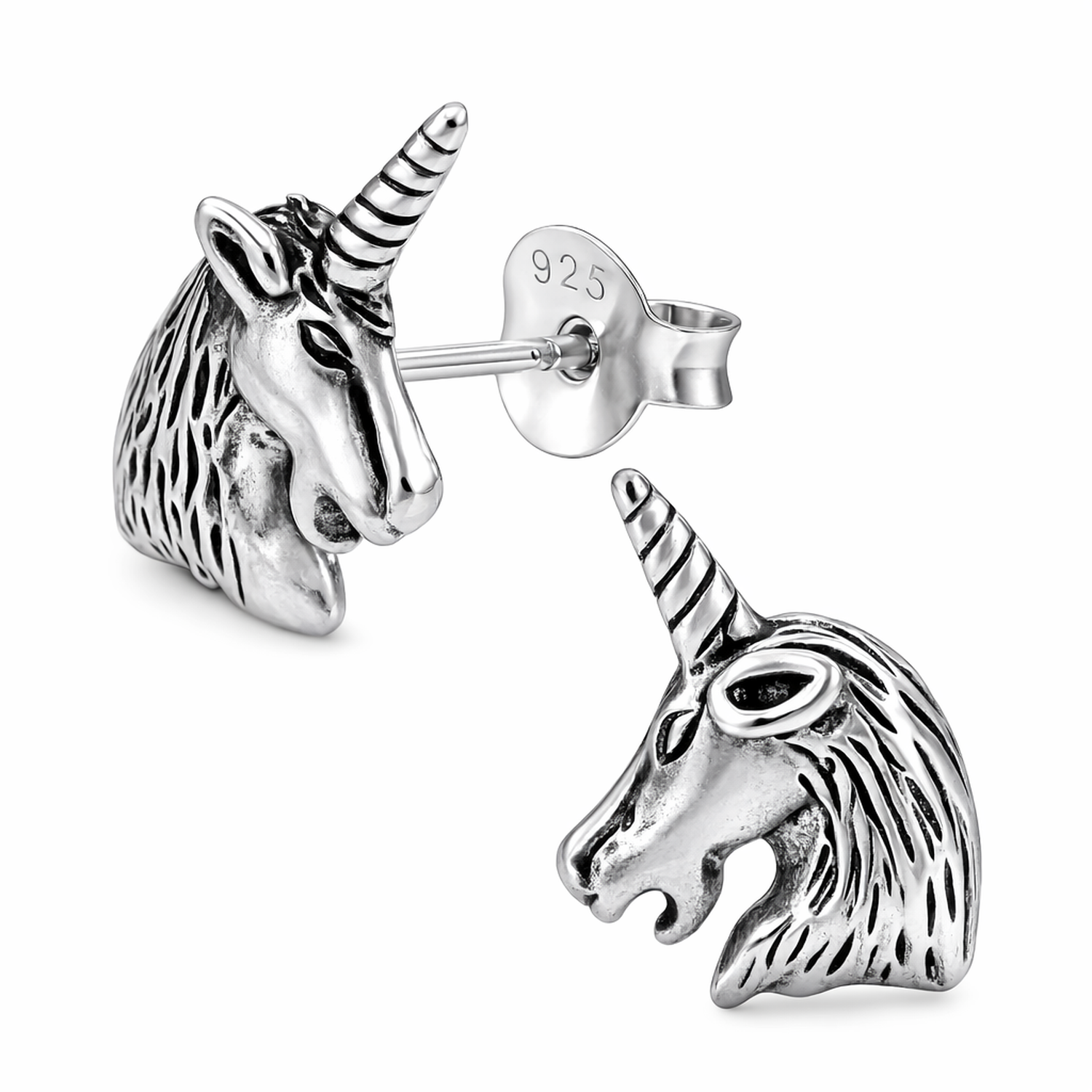 Sterling Silver Unicorn Head Stud Earrings by Melchior Jewellery detailed with textured mane and spiral horn
