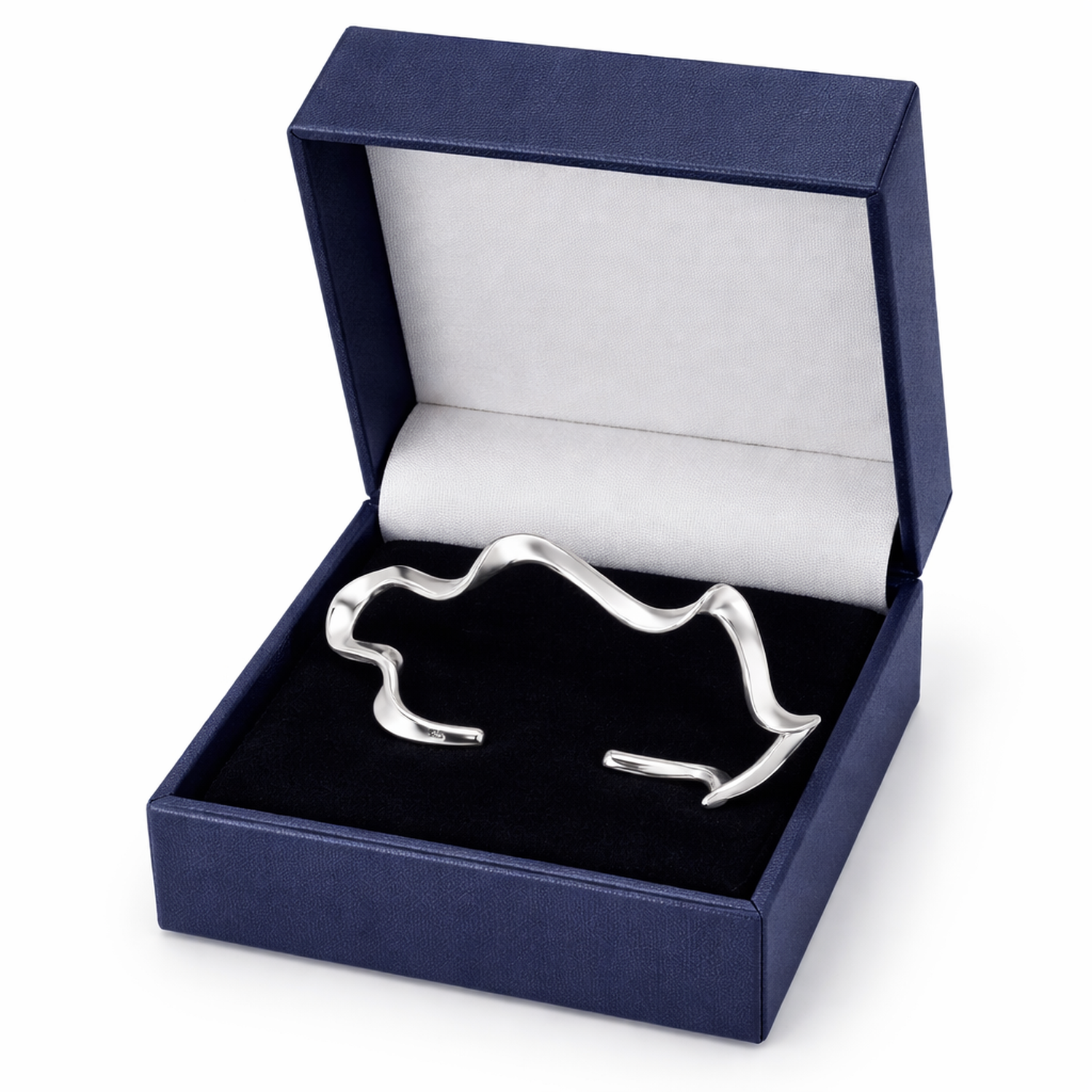 Melchior Jewellery sterling silver wave cuff bangle in navy blue jewellery box