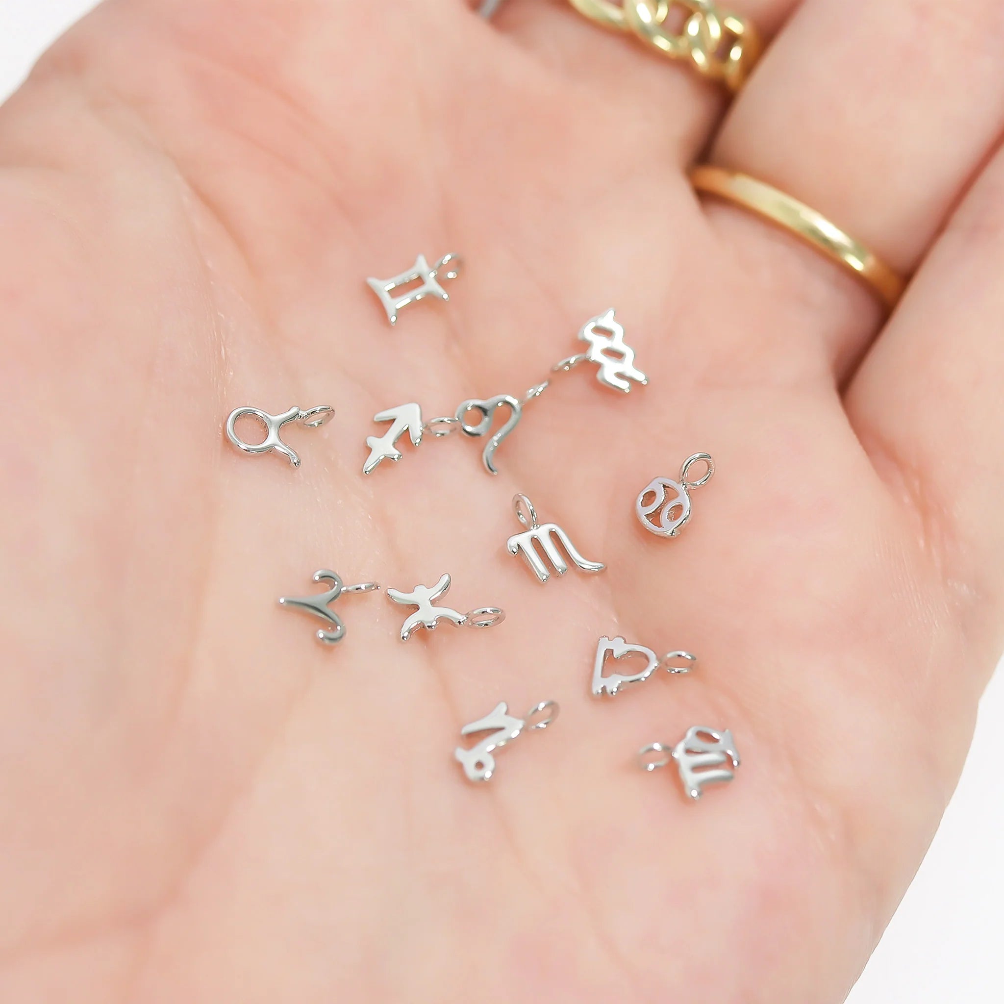 Sterling silver zodiac charm set with multiple astrological symbols held in hand by Melchior Jewellery