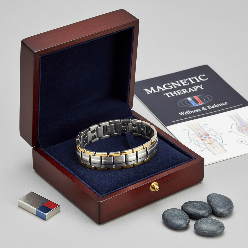 Strong magnetic therapy bracelet in silver and gold tones by Melchior Jewellery presented in a wooden box