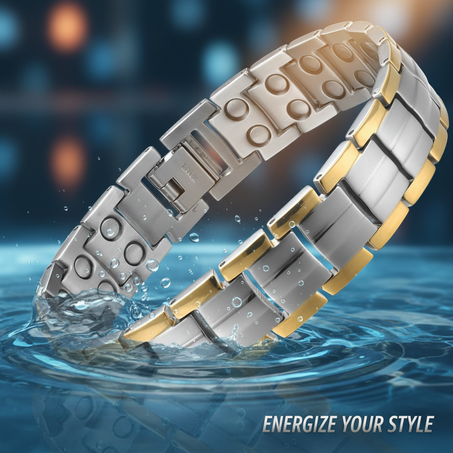 Strong magnetic therapy bracelet by Melchior Jewellery in silver and gold-tone stainless steel design