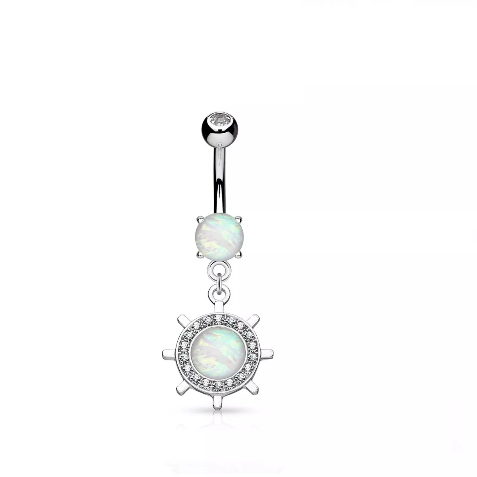 Melchior Jewellery surgical steel opal navel ring with a dangle opal and crystal design