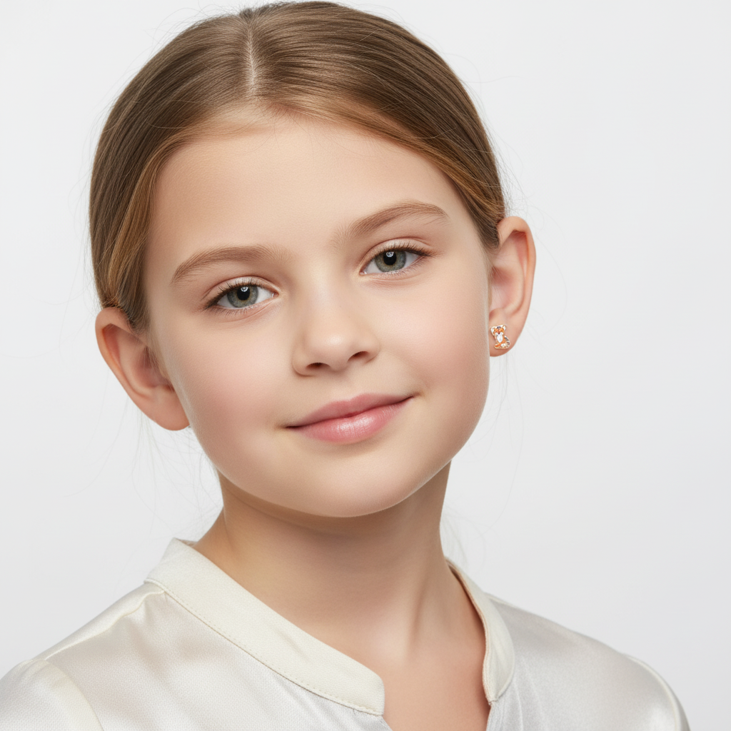 Young girl wearing Melchior Jewellery tiger stud earrings for children with a subtle smile
