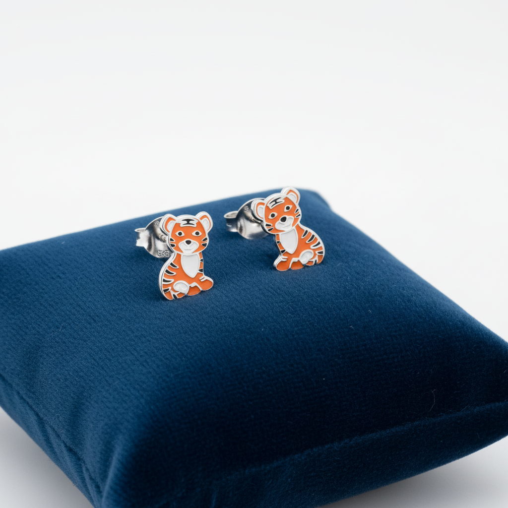 Melchior Jewellery tiger stud earrings for children featuring cute orange and white tiger design on blue cushion