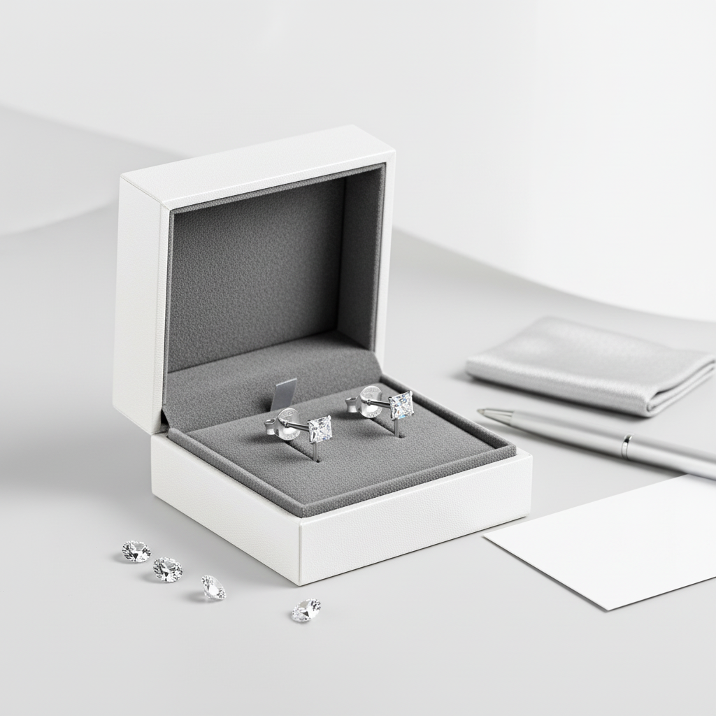 Melchior Jewellery tiny CZ stud earrings 2mm in silver displayed in an open white jewellery box