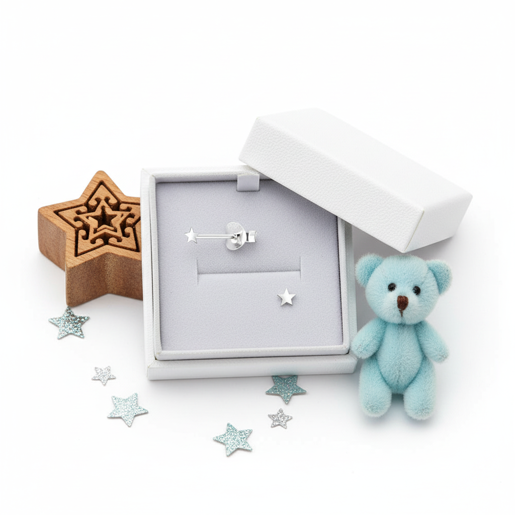 Melchior Jewellery tiny star earrings for kids in silver presented in white box with teddy bear and star decorations