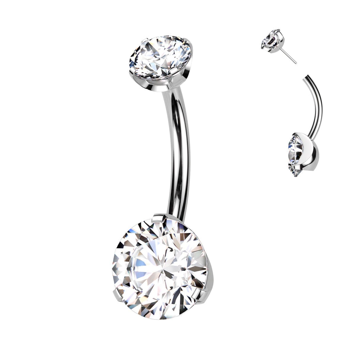 Melchior Jewellery titanium belly bar with CZ stones featuring curved bar and sparkling clear crystals