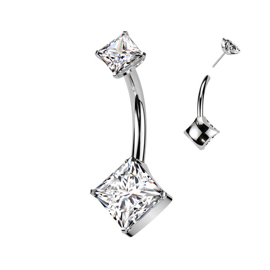 Melchior Jewellery titanium belly bar with CZ stones featuring square clear crystals in a sleek design