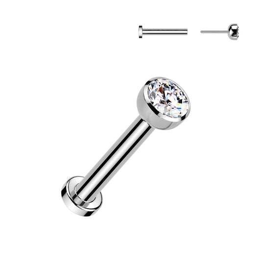 Melchior Jewellery titanium bezel CZ labret with clear round stone polished titanium bar and flat disc back
