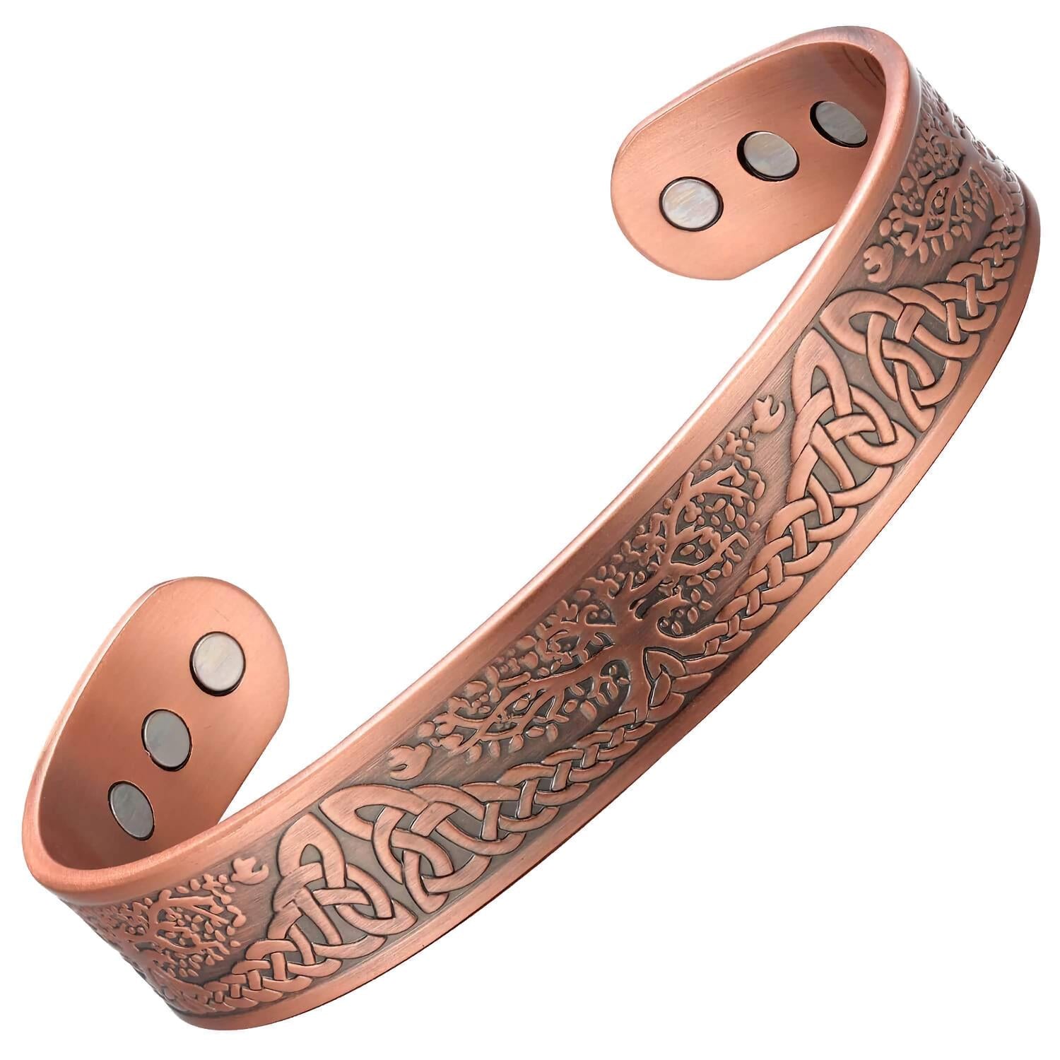 Melchior Jewellery tree of life copper magnetic bangle with Celtic knot engraving and internal magnets