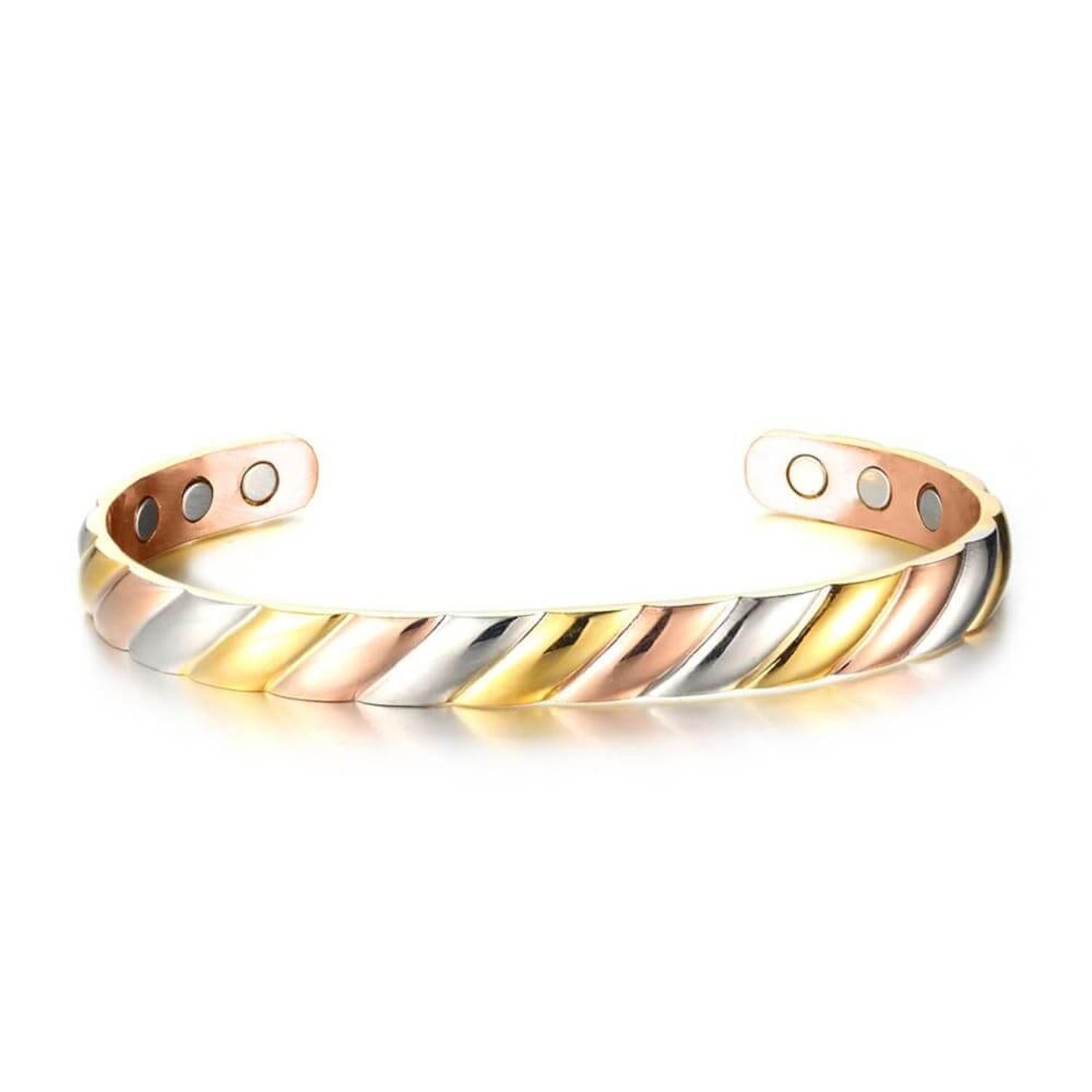 Melchior Jewellery tri colour copper therapy bangle open cuff with twisted tri tone finish and inner magnets
