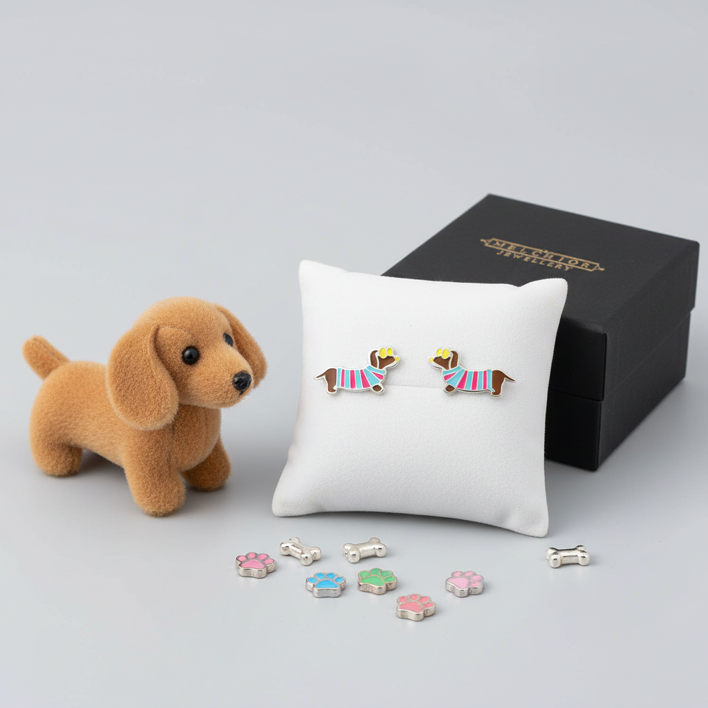 Melchior Jewellery sausage dog stud earrings for girls displayed on white cushion with black box and plush dog