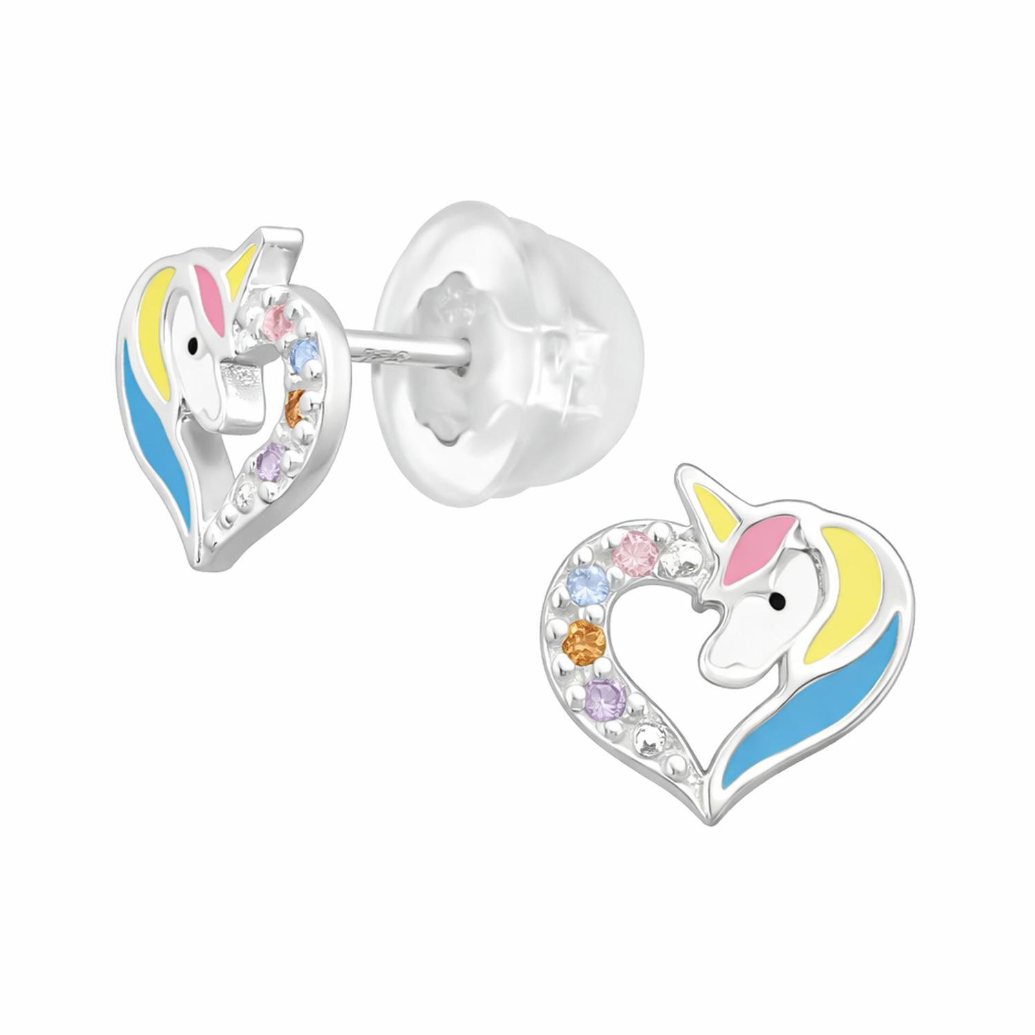 Silver unicorn earrings for girls by Melchior Jewellery with colourful enamel mane and multicoloured crystal heart design