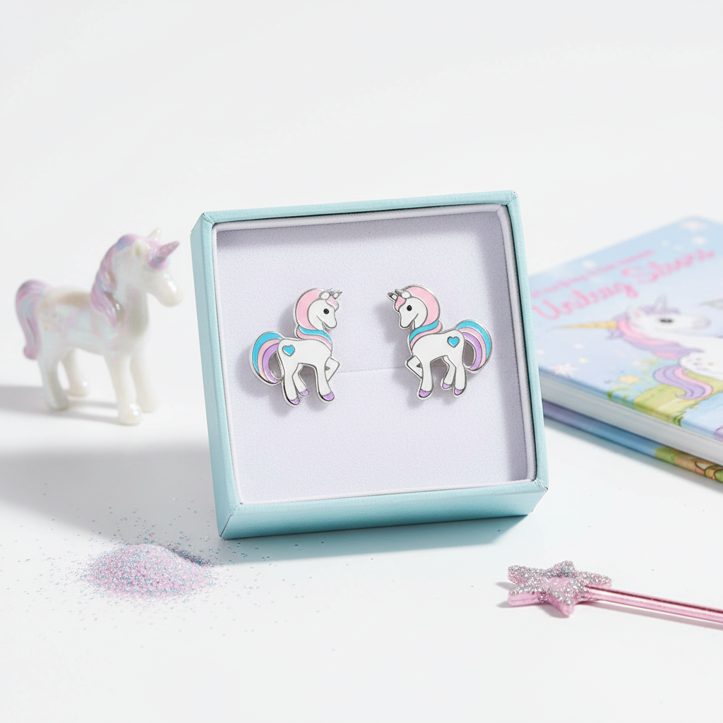 Melchior Jewellery unicorn stud earrings for girls in pastel colours displayed in a blue gift box
