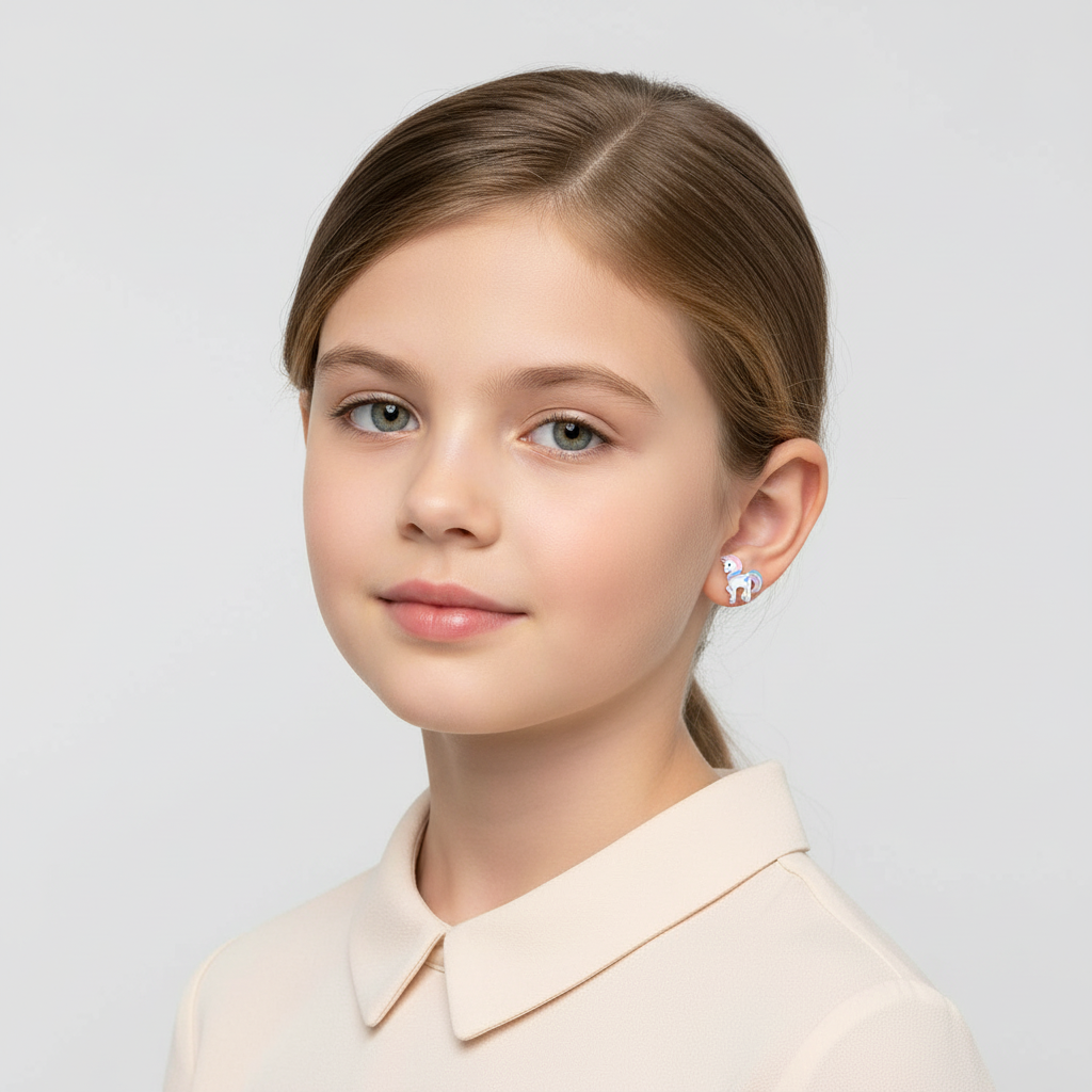 Girl wearing Melchior Jewellery unicorn stud earrings for girls in white and pink design
