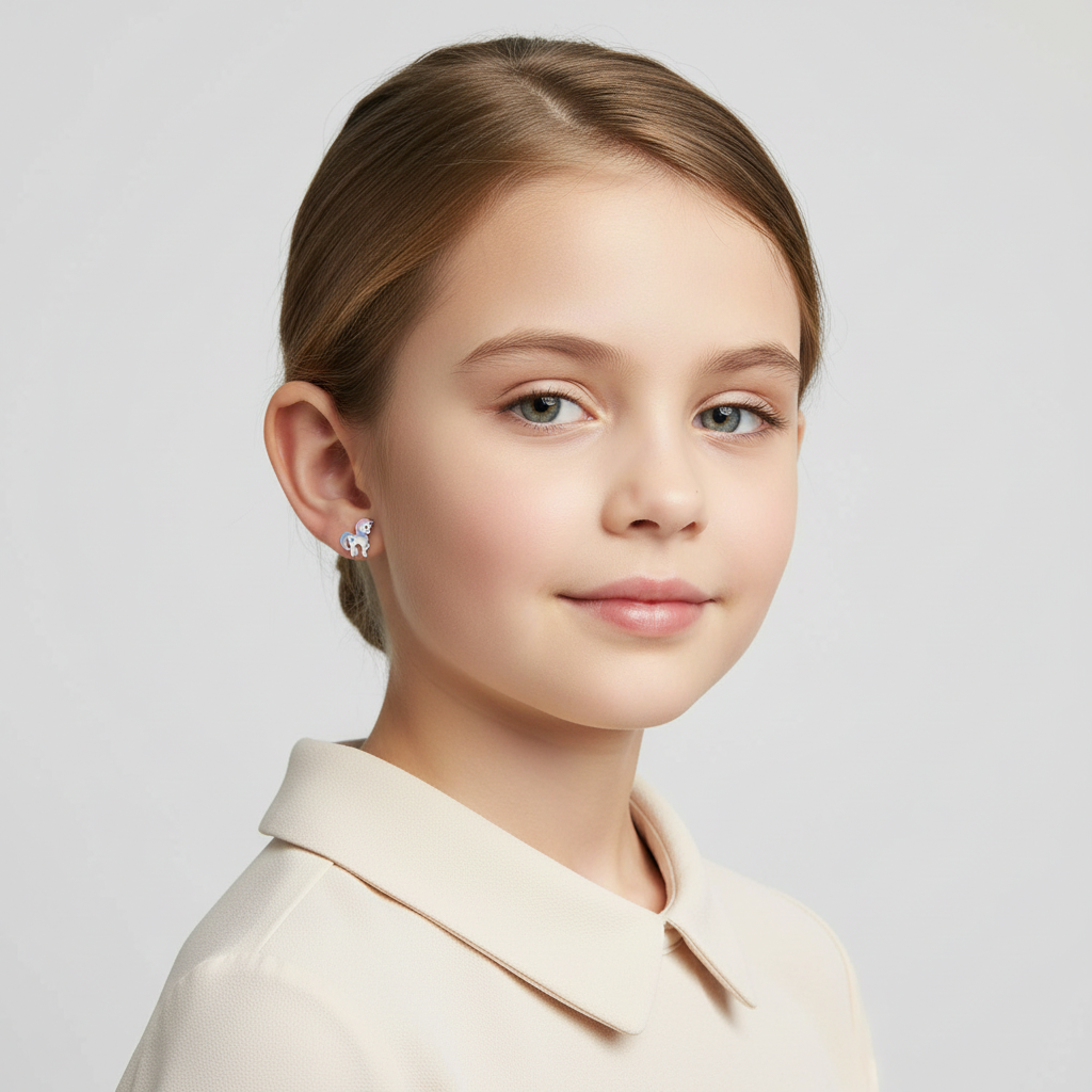 Young girl wearing unicorn stud earrings for girls by Melchior Jewellery in a cream shirt