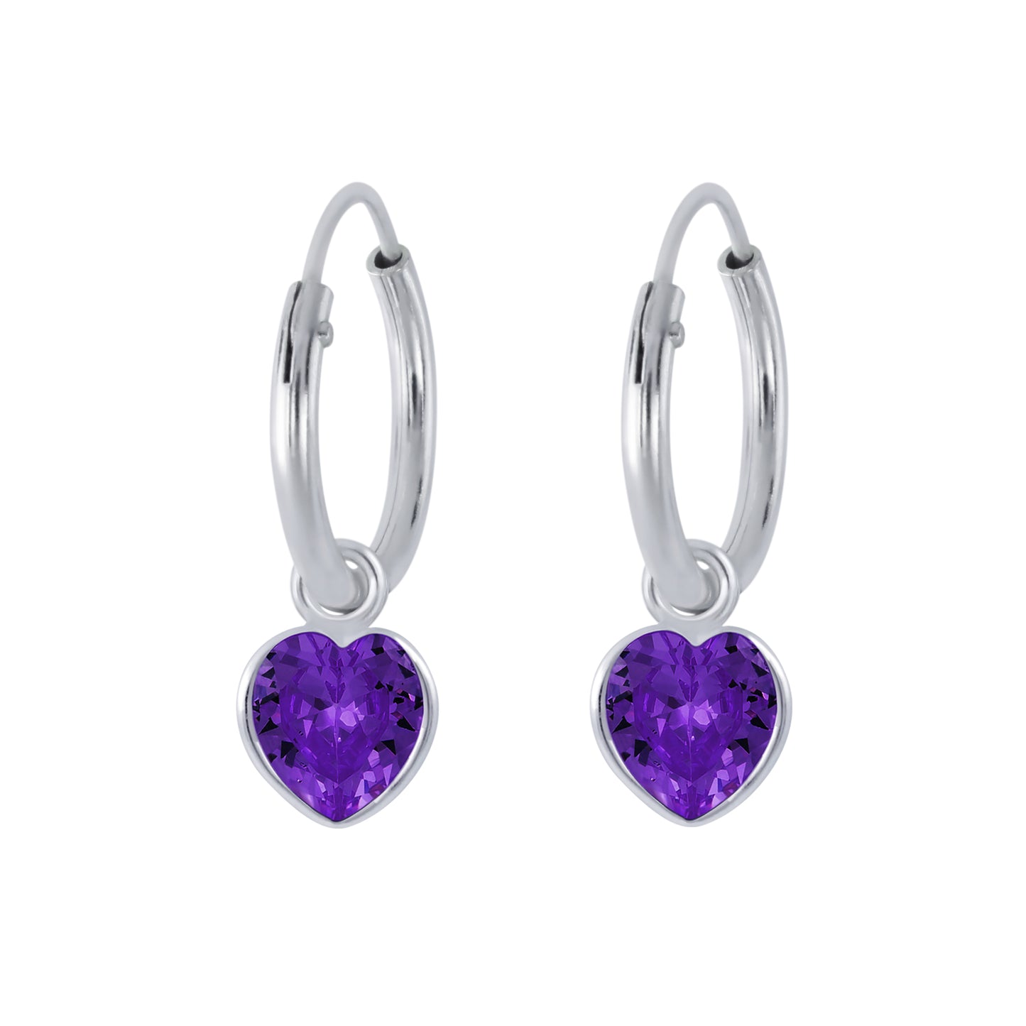 Melchior Jewellery violet heart hoop earrings for kids with purple gemstone hearts on silver hoops