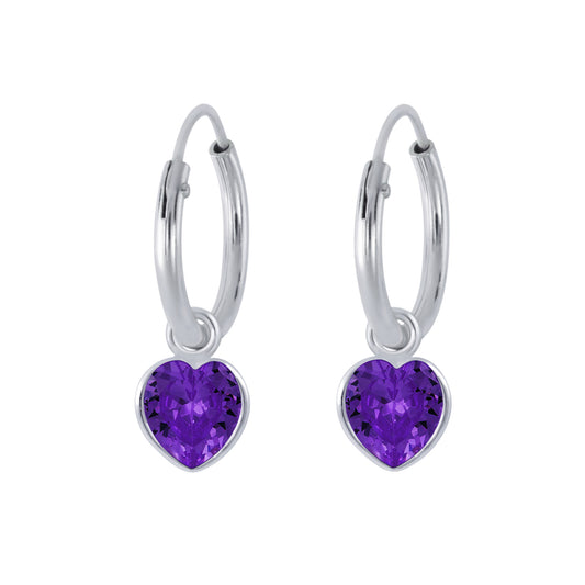 Melchior Jewellery violet heart hoop earrings for kids with purple gemstone hearts on silver hoops